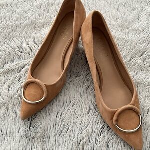 Franco Sarto Tan and Silver Flats with Elegant Buckle